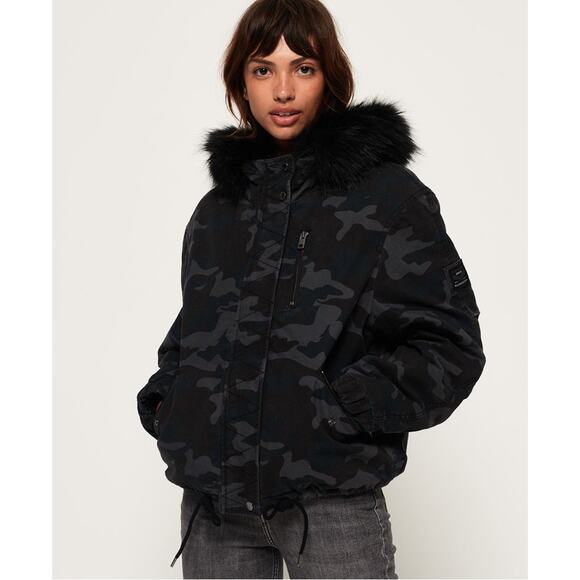 Superdry Toya Rookie Parka Jacket in Black Camo Faux Fur Lined US 12 Winter Warm - Picture 1 of 14